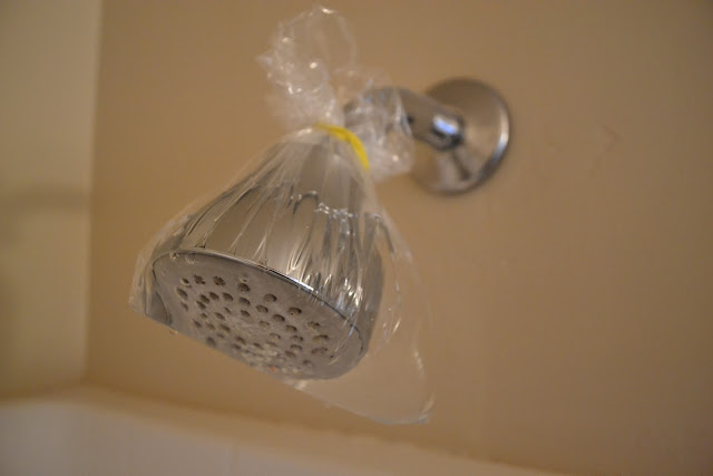 shower head sinked in distilled white vinegar